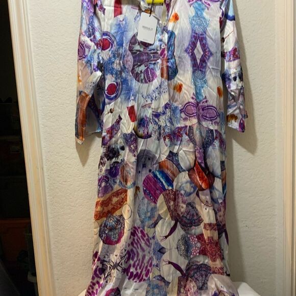 UNBREAK.IT Silk dress MARY MICROSCOPY  with 3/4 sleeves stand up collar D8 - Picture 12 of 12